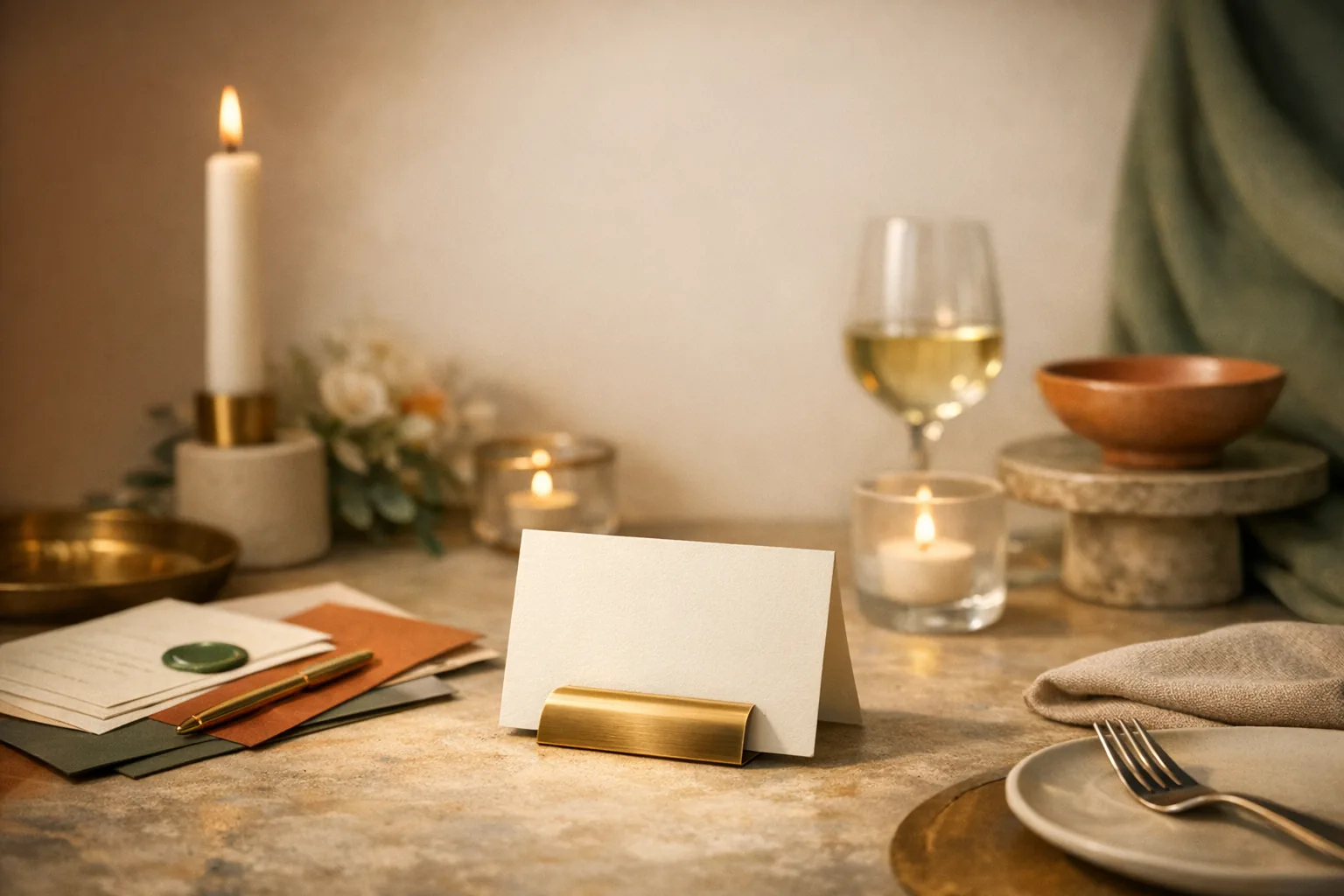 A cinematic event still life with place cues, tactile materials, and warm atmospheric lighting.