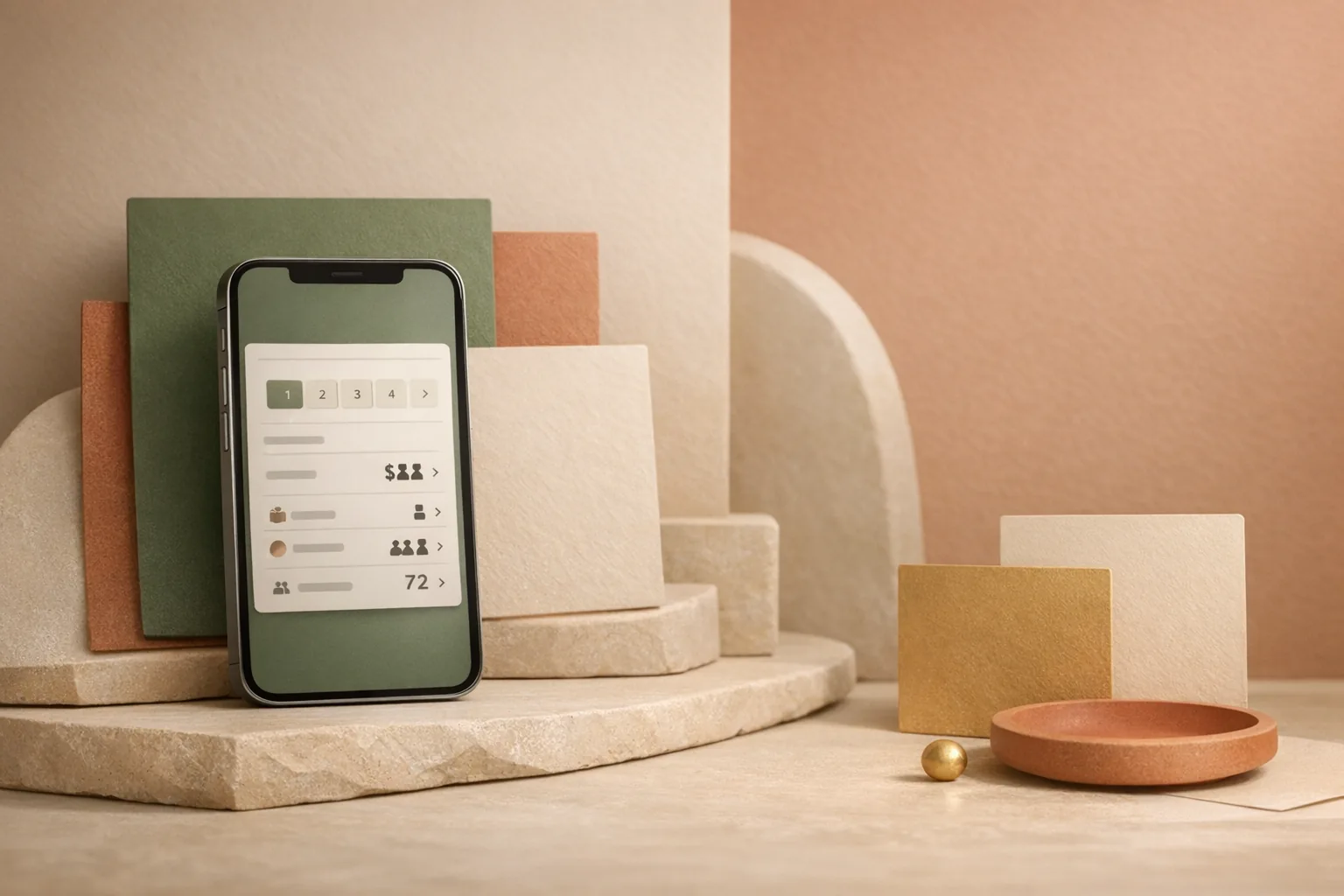 A stylized warm-toned smartphone render showing a host event page and registration highlights.