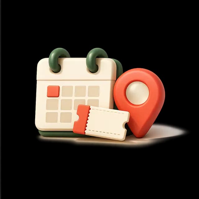 A stylized calendar, event ticket, and location pin icon for setting up an event page.