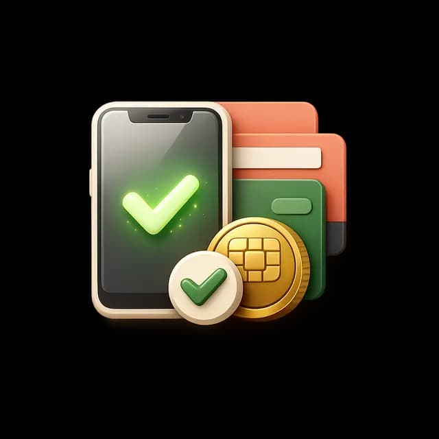 A stylized smartphone, payment card, and approval badge icon for online event payments.