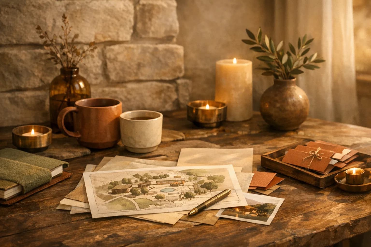 A warm venue still life with event signage, ceramic cups, and editorial objects arranged without people.