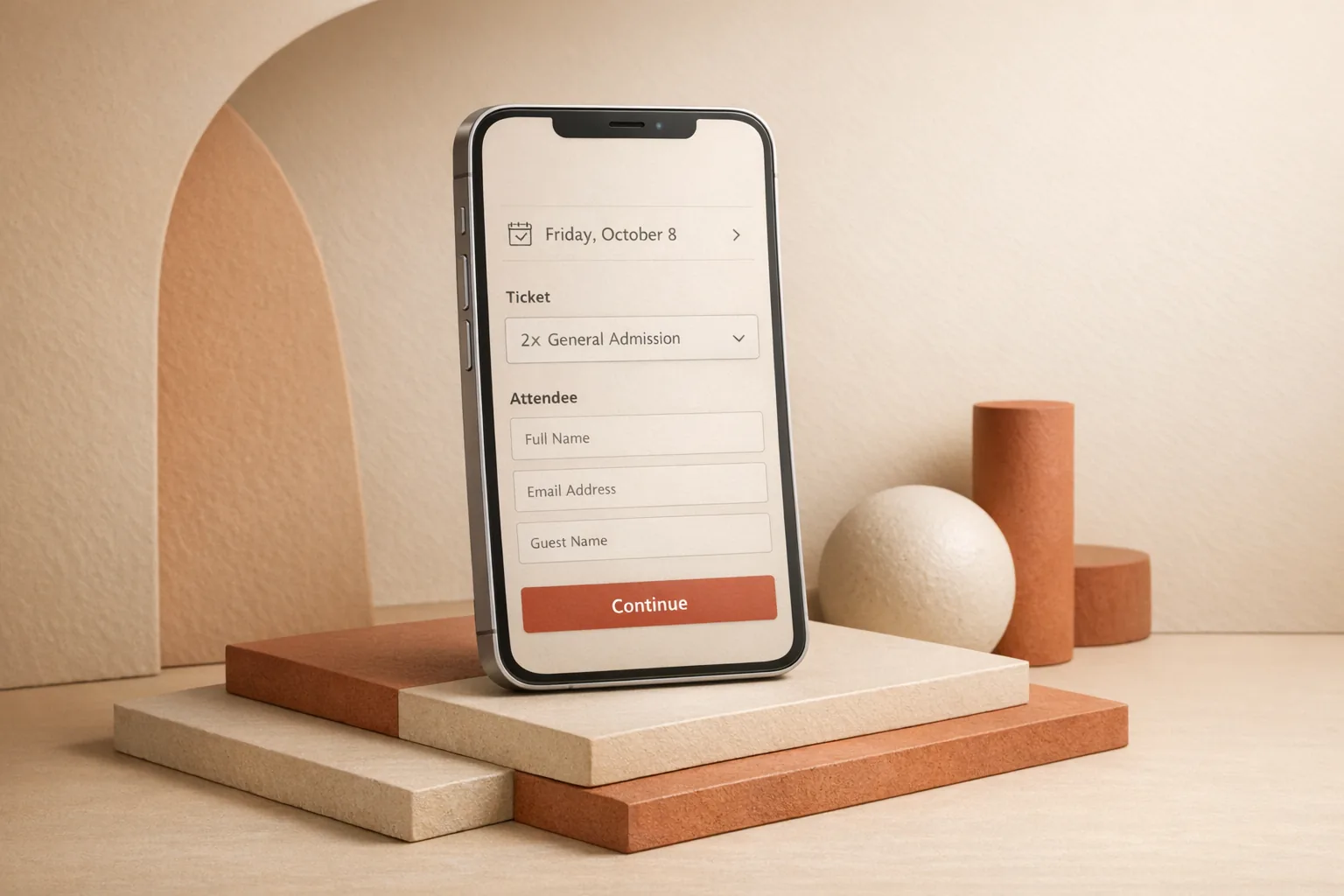 A stylized 3D smartphone render showing a clean registration flow in warm earthy colors.
