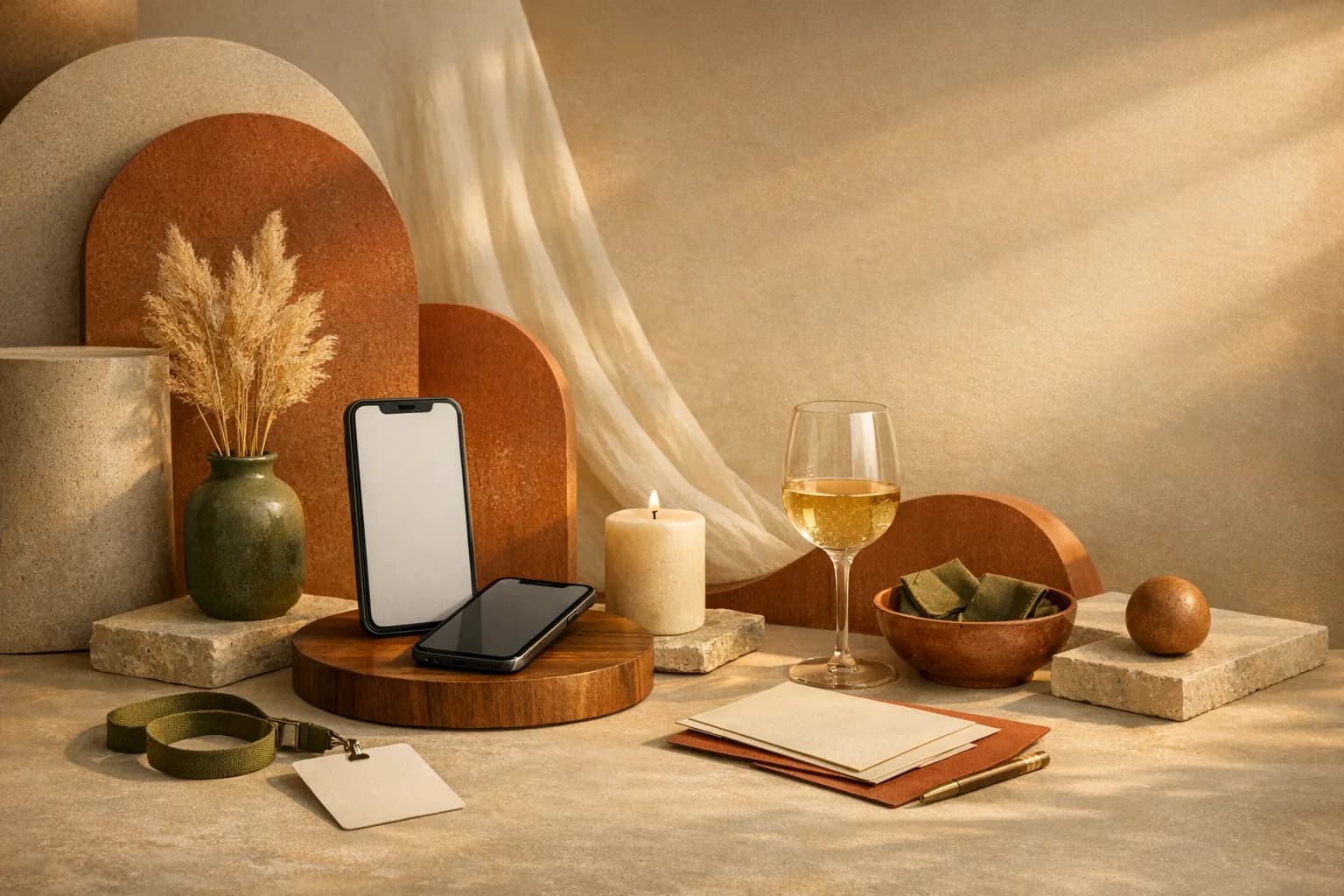 A detail-rich editorial still life with warm stone, notes, and event accessories.