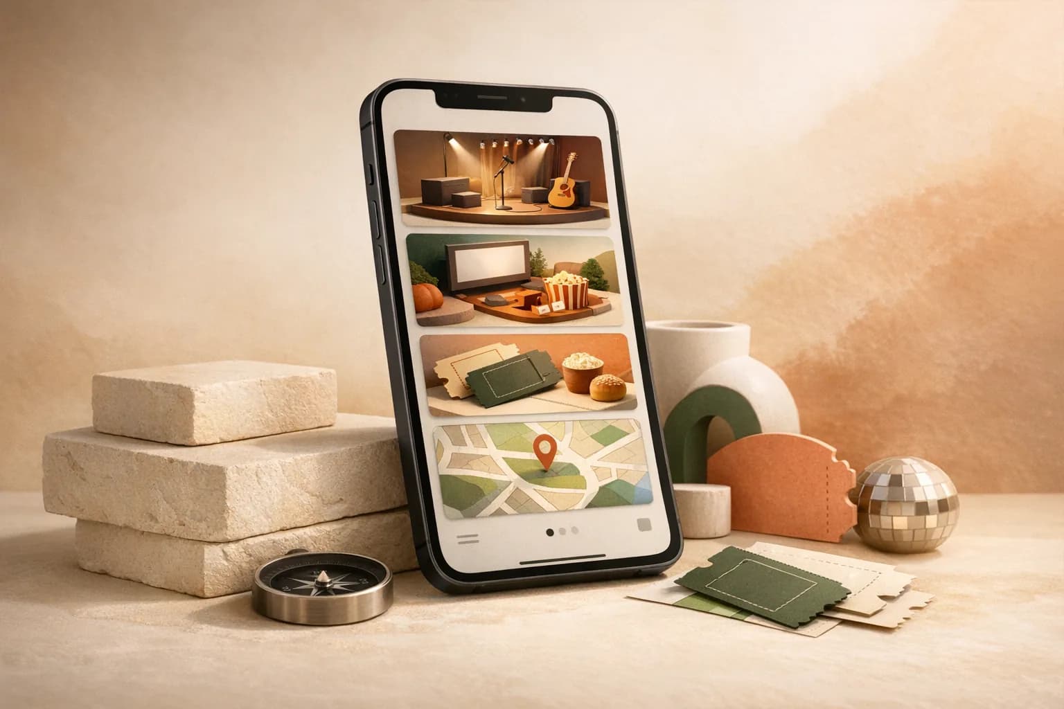 A stylized warm-toned smartphone render showing a local event discovery feed.