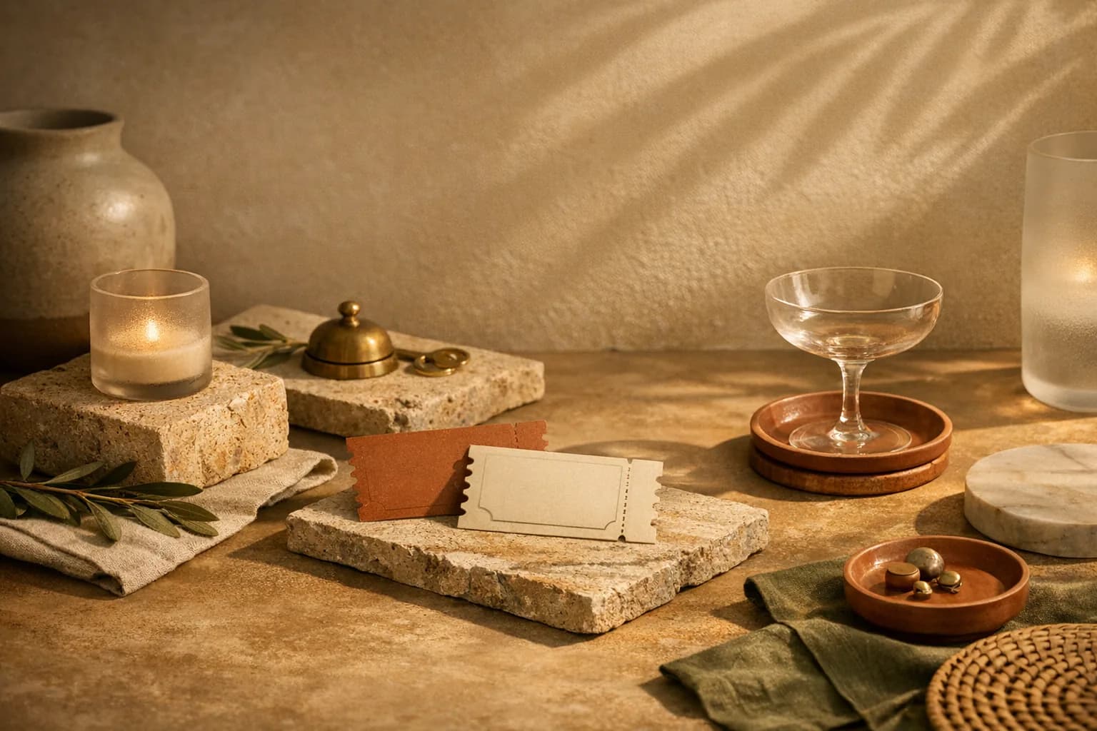 A warm editorial event-prep still life with paper cards, table textures, and soft afternoon light.